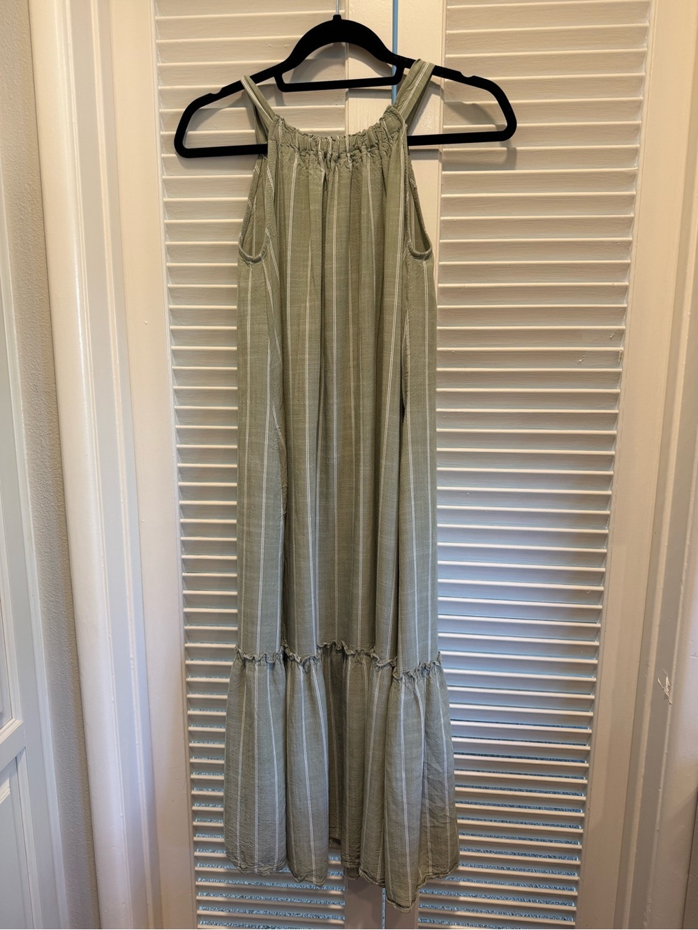 5th & Madison edit Light Olive Green striped Halter Maxi Dress